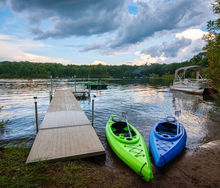 2 Kayaks, a Canoe and Swim Dock